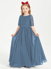 Abito Lungo Damigella Junior Top In Pizzo Con Maniche A Mezza Lunghezza Blu Ardesia