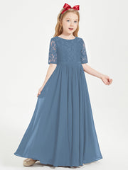 Abito Lungo Damigella Junior Top In Pizzo Con Maniche A Mezza Lunghezza Blu Ardesia