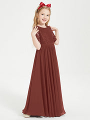 Abito Lungo Damigella Junior Top In Pizzo Con Maniche A Mezza Lunghezza Terracotta