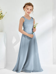 Abiti Damigella Junior Lunghi Scollo A V Con Drappeggio Azzurro Polvere