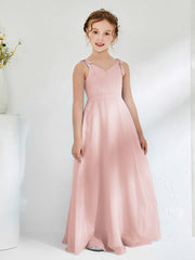 Abiti Damigella Junior Lunghi Scollo A V Con Drappeggio Rosa Polvere