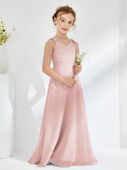 Abiti Damigella Junior Lunghi Scollo A V Con Drappeggio Rosa Polvere