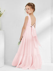 Abiti Damigella Junior In Chiffon Senza Maniche Con Fiocco Rosa Cipria