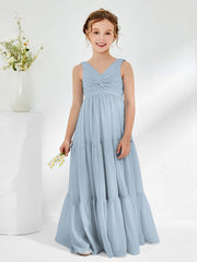 Abiti Damigella Junior In Chiffon Senza Maniche Con Fiocco Azzurro Polvere