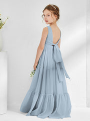 Abiti Damigella Junior In Chiffon Senza Maniche Con Fiocco Azzurro Polvere
