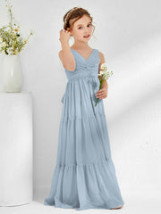 Abiti Damigella Junior In Chiffon Senza Maniche Con Fiocco Azzurro Polvere