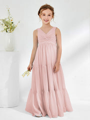 Abiti Damigella Junior In Chiffon Senza Maniche Con Fiocco Rosa Polvere