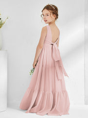 Abiti Damigella Junior In Chiffon Senza Maniche Con Fiocco Rosa Polvere
