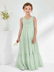 Abiti Damigella Junior In Chiffon Senza Maniche Con Fiocco Salvia Polvere