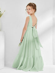 Abiti Damigella Junior In Chiffon Senza Maniche Con Fiocco Salvia Polvere