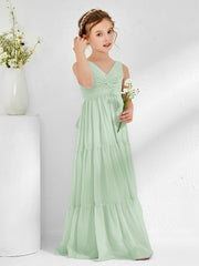 Abiti Damigella Junior In Chiffon Senza Maniche Con Fiocco Salvia Polvere