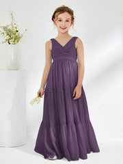 Abiti Damigella Junior In Chiffon Senza Maniche Con Fiocco Prugna