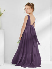 Abiti Damigella Junior In Chiffon Senza Maniche Con Fiocco Prugna