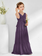 Abiti Damigella Junior In Chiffon Senza Maniche Con Fiocco Prugna