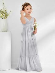 Abiti Damigella Junior In Chiffon Senza Maniche Con Fiocco Argento