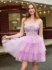 Abito Corto In Tulle A Balze Con Corpetto A Corsetto Senza Spalline Lilla