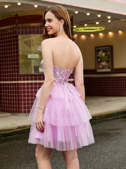 Abito Corto In Tulle A Balze Con Corpetto A Corsetto Senza Spalline Lilla