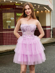 Abito Corto In Tulle A Balze Con Corpetto A Corsetto Senza Spalline Lilla