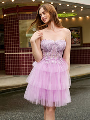 Abito Corto In Tulle A Balze Con Corpetto A Corsetto Senza Spalline Lilla