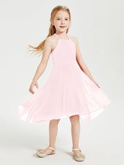 Abiti Damigella Junior Alla Moda Lunghezza Al Polpaccio Gonna Asimmetrica Rosa Cipria