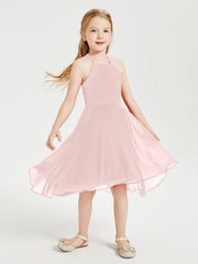 Abiti Damigella Junior Alla Moda Lunghezza Al Polpaccio Gonna Asimmetrica Rosa Polvere