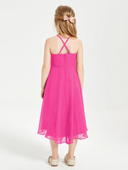 Abiti Damigella Junior Alla Moda Lunghezza Al Polpaccio Gonna Asimmetrica Fucsia