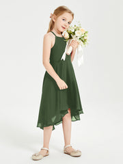 Abiti Damigella Junior Alla Moda Lunghezza Al Polpaccio Gonna Asimmetrica Verde Oliva