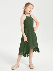 Abiti Damigella Junior Alla Moda Lunghezza Al Polpaccio Gonna Asimmetrica Verde Oliva