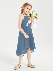 Abiti Damigella Junior Alla Moda Lunghezza Al Polpaccio Gonna Asimmetrica Blu Ardesia