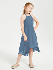 Abiti Damigella Junior Alla Moda Lunghezza Al Polpaccio Gonna Asimmetrica Blu Ardesia