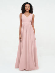Abito lungo in chiffon con scollo a V e schiena scoperta Rosa Polvere