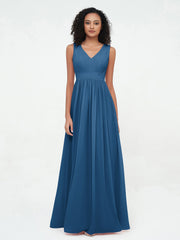Abito lungo in chiffon con scollo a V e schiena scoperta Blu Inchiostro