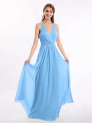 Abito in chiffon con scollo a V e spalline con fiocco Blu
