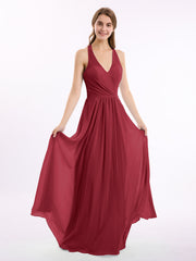 Abito in chiffon con scollo a V e spalline con fiocco Borgogna