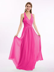 Abito in chiffon con scollo a V e spalline con fiocco Fucsia