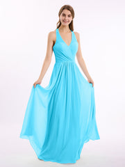 Abito in chiffon con scollo a V e spalline con fiocco Blu Piscina