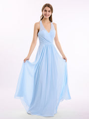 Abito in chiffon con scollo a V e spalline con fiocco Blu Cielo