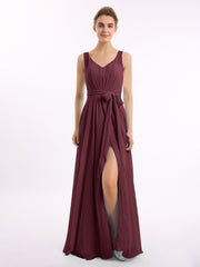 Abito in chiffon con scollo a V fascia a fiocco e spacco Cabernet