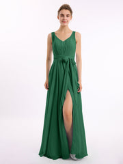 Abito in chiffon con scollo a V fascia a fiocco e spacco Verde Scuro