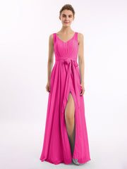 Abito in chiffon con scollo a V fascia a fiocco e spacco Fucsia