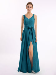 Abito in chiffon con scollo a V fascia a fiocco e spacco Blu Inchiostro