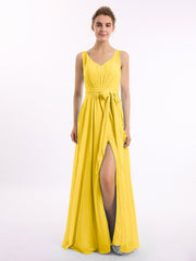 Abito in chiffon con scollo a V fascia a fiocco e spacco Calendula