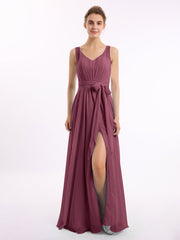 Abito in chiffon con scollo a V fascia a fiocco e spacco Gelso