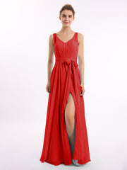 Abito in chiffon con scollo a V fascia a fiocco e spacco Rosso