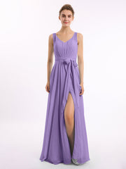 Abito in chiffon con scollo a V fascia a fiocco e spacco Tahiti