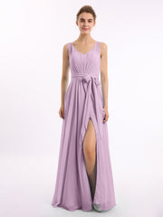 Abito in chiffon con scollo a V fascia a fiocco e spacco Glicine