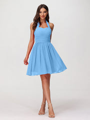 Abito corto in chiffon con scollo all'americana e cuore Blu
