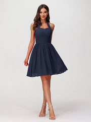 Abito corto in chiffon con scollo all'americana e cuore Blu Scuro