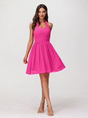 Abito corto in chiffon con scollo all'americana e cuore Fucsia