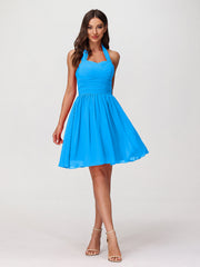 Abito corto in chiffon con scollo all'americana e cuore Blu Oceano